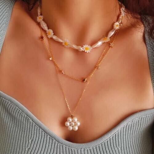 Glam Daisy Natural Real Baroque Pearl Choker Necklace Women Wedding Jewelry Gown Sweet Boho Trendy INS Classic OL Japan Korean