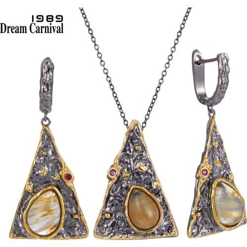 DreamCarnival1989 New Arrivals Women Pendant Necklace Earrings Set Pyramid Look Water Melon CZ Jewelry Black Gold Color EP3998S2