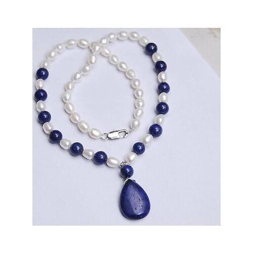 Natural 7-8MM White Akoya Pearl / Lapis Lazuli Pendant Necklace 18"