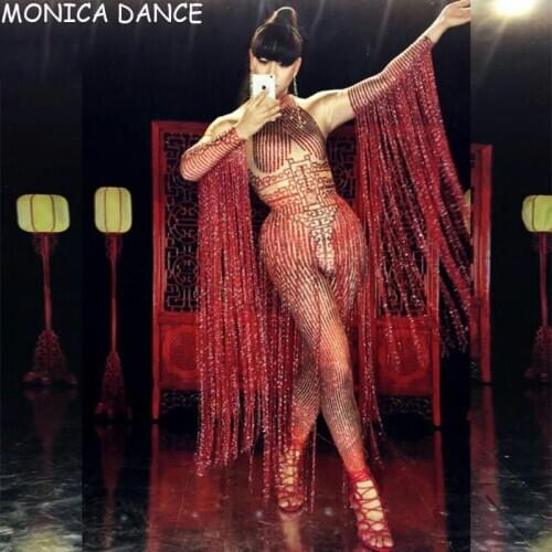 Sexy Glisten Crystals Red Jumpsuit Long Tassel Women Outfit Nightclub Female Singer Costume Stage Dance DS Performance Costumes