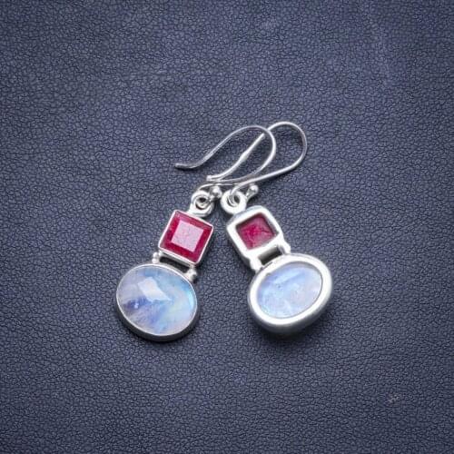 Natural Rainbow Moonstone and Cherry Ruby Handmade Unique 925 Sterling Silver Earrings 1.5" X4211