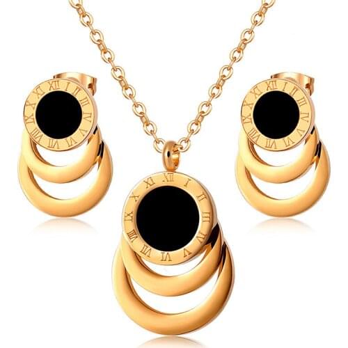 White Black Shell Roman Numeral Necklace & Earrings Sets Gold Color Stainless Steel Round Earrings for Women Jewelry Lover Gift