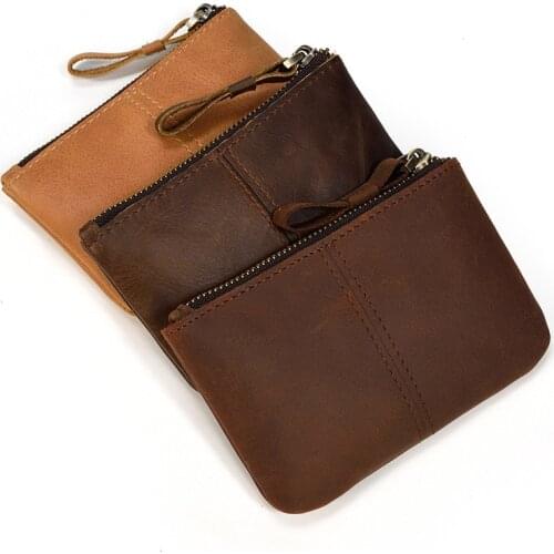 Crazy Horse Cowhide Leather Money Pouch Vintage Designer Women Men Casual Coin Purse Credit Card Bag with Wrist Strap Slim