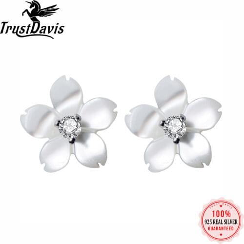 ElfoPlataSi 100% 925 Sterling Silver White Shell Flower CZ Stud Earring For Women Girl Kid Lady Silver Earring Jewelry Gift ED31