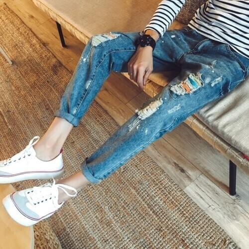 Spring autumn 2021Fashion street hip hop mens slim ankle length jeans color ripped hole feet pants trendy teenager pencil pants