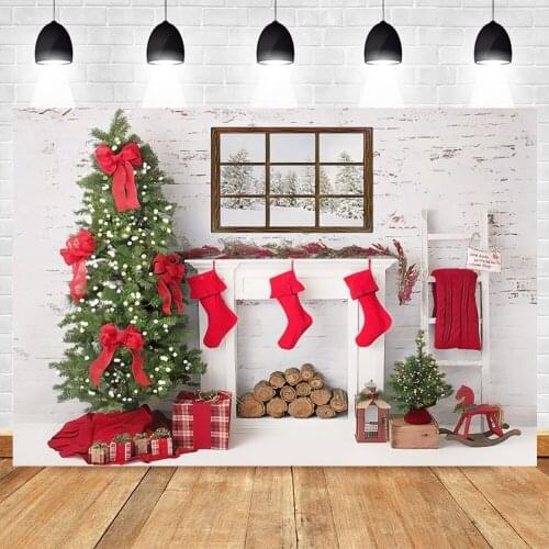 Christmas Backdrop Room Fireplace Tree White Wall Red Sock Photography Background Photo Studio Baby Portrait Vinyl Photocall