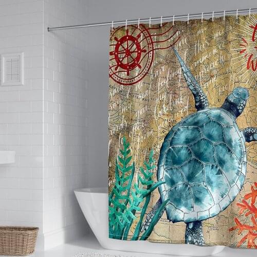 3D Sea Turtle Shower Curtain for Bathroom Nautical White Blue Ocean Artwork Fabric Curtains Set Waterproof Mildproof Bath