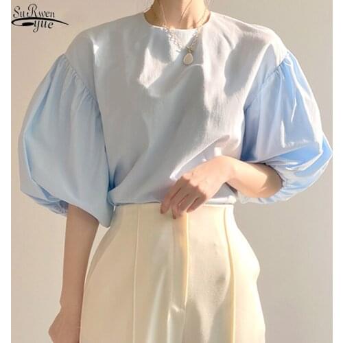 Korean Puff Half Sleeve Summer Shirts Women Tops 2021 New Loose Solid Vintage Elegant Blosue Women Clothing Fashion Blusas 14668