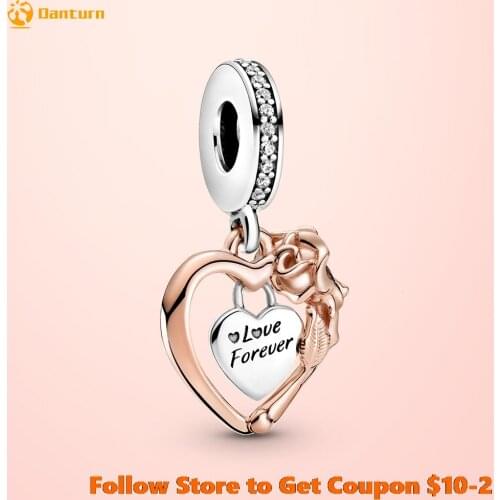 Danturn 925 Sterling Silver Heart & Rose Flower Dangle Charm Fit Original Pandora Bracelets for Women Jewelry Gift