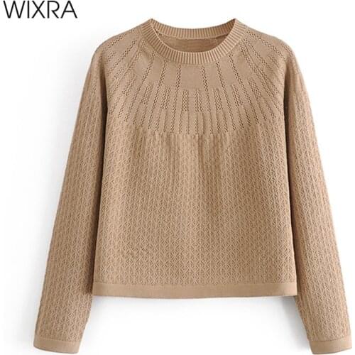 Wixra Hollow Out Sweaters Womens Casual Khaki Solid Pullovers O-Neck Jumper Trendy Sueter Mujer Spring New Hot