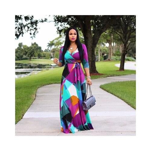 Spring And Summer Fashion Sexy V-neck Medium Sleeve Square Print Tie Strap Drag Large Womens Dress Long Womens Dress