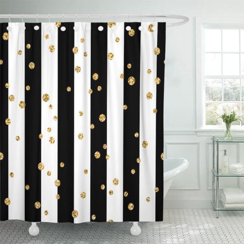 Gold Polka Dot on Lines Golden Confetti Black Shower Curtain Waterproof Polyester 72 x 78 inches Set with Hooks
