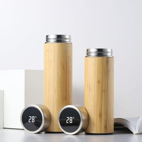 450ml/500ml Smart Bamboo Thermos Bottle Coffee Cup Temperature Display Stainless Steel Vacuum Flask Portable Water Bottle