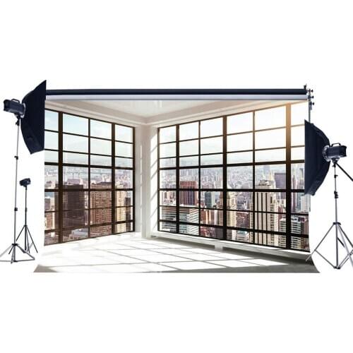 Office Room Backdrop Fancy French Window New York City Skyscraper Photography Background for Kids Adults Portraits