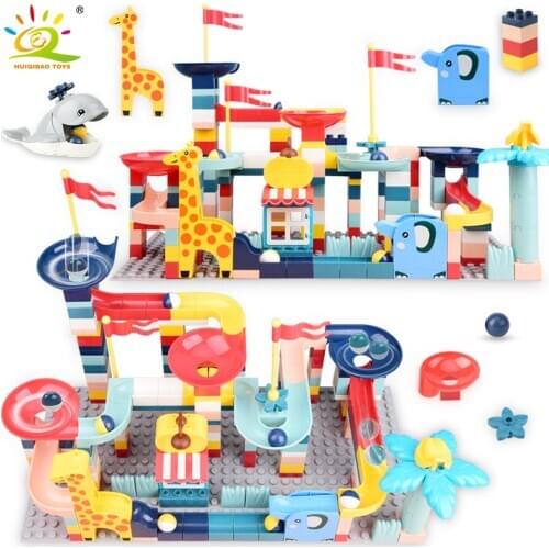 HUIQIBAO DIY Marble Balls Track Race Run Building Blocks Friends Duploed Funnel Slide Animals Big Bricks Baby Toys For Children