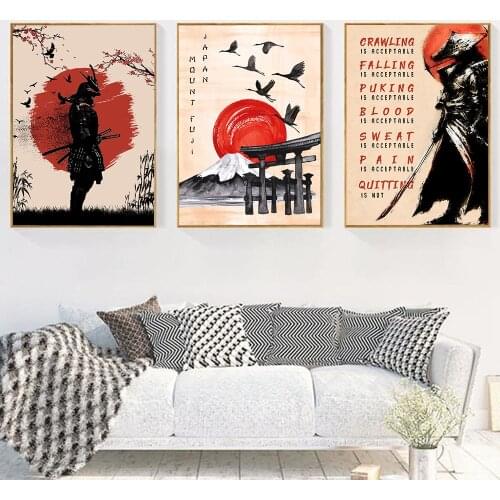 Canvas Painting Nordic Mount Fuji Cranes Japanese Samurai In Moon Prints Wall Art Pictures Abstract For Living Room Home Decor