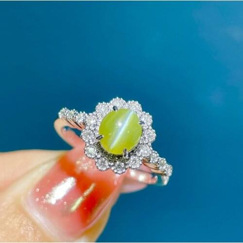 LR515 Solid 18K White Gold Nature Cymophanite Gemstone Cats Eye 1.75ct Diamonds Rings for Women Fine Jewelry Presents