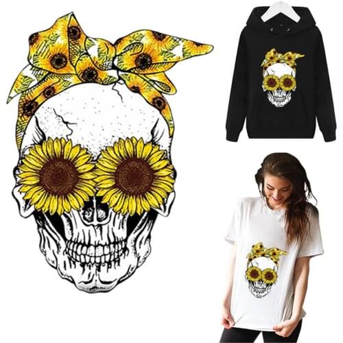 Fashion Punk SunFlower Skull Thermal Patches Sticker Print-on Women T-shirt Iron On Patches For Clothes Transfert Thermocollants
