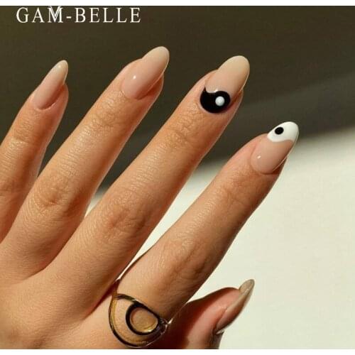 GAM-BELLE Long Ellipse False Nails Tai Chi White and Black Pattern Full Cover Fake Press On Nails DIY Decoration With Glue