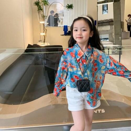 Girls' Autumn Shirt 2021 Temperament Vintage Printed Long Sleeve Turn-down Collar Shirt Childrens Sweet Cool Loose Korean Top