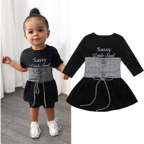 2-7Y Kids Dress For Girls Summer Spring Letter Printed Dress Plaid Waist Belt Fashion Childrens Baby Girl Clothing Party Dress