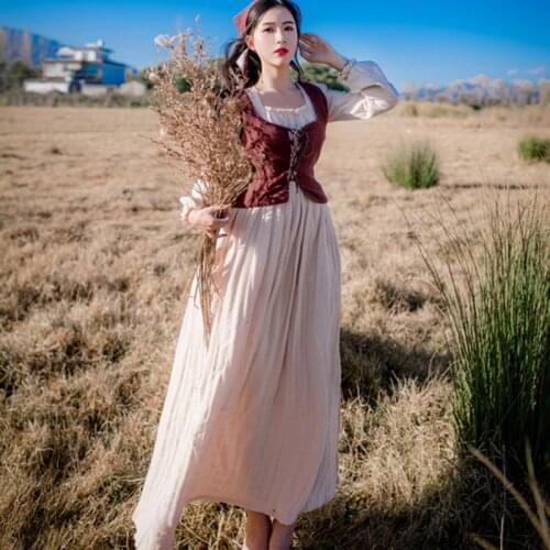 Medieval Royal Palace Princess Dress Women Vintage Vest Maxi Skirts Renaissance Cotton Linen Slim Elegant Evening Party Dresses