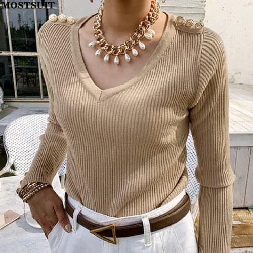 Thicken V-neck Buttons Knitted Pullover Sweater Women Autumn Winter Full Sleeve Solid Slim Ladies Tops Jumpers 2021