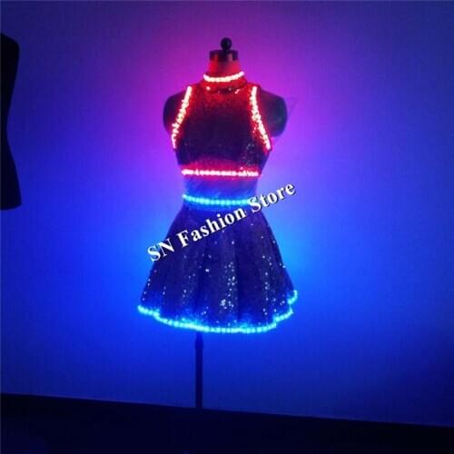 QZ05 Women led light costumes nightclub bar singer dance wears dresses luminous skirt colorful light RGB clothes party evening