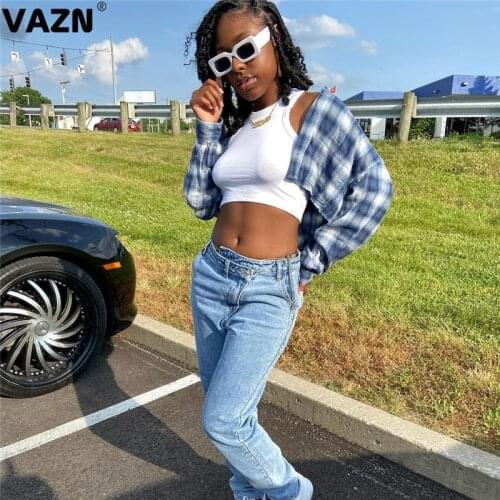 VAZN 2021 New Parity Classic Plaid Chiffon Shirts Young Sexy Elegant Daily Free Fashion Full Sleeve Women Slim Short Shirts