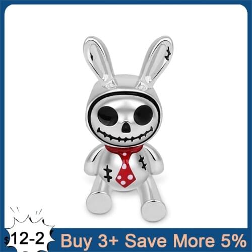 Genuine 925 Sterling Silver Bunny Doll Skull Charm Beads Fit Original Pandora Bracelet Fine Silver Jewelry Making For Halloween