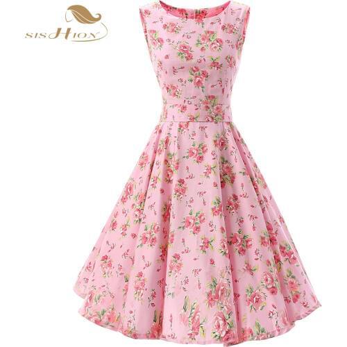 SISHION Elegant Pink Floral Dress Sleeveless Tank Cotton Belt 50s 60s Retro Party Big Swing Vintage Dress Tunic vestidos VD0241