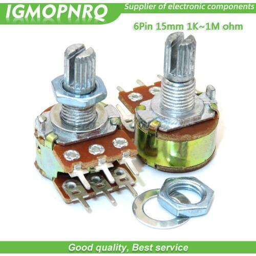 5pcs B1K B2K B5K B10K B20K B50K B100K B1M 6Pin Shaft WH148 Amplifier Dual Stereo Potentiometer 1K 2K 5K 10K 50K 100K 1M