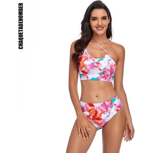 High Waist Bikinis 2021 One Shoulder Swimsuits Women Sexy Tie-dye Printing Beachwear Sports Ribbed Bathing Suits New Swimwear