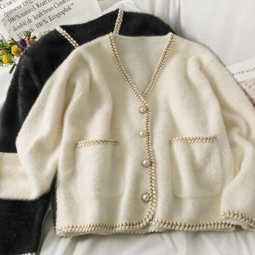 Bright Silk Sweater Coat Autumn Women V Neck Single-breasted Pockets Knitted Cardigan Female Long Sleeve Fuzzy Kintwears Jacket