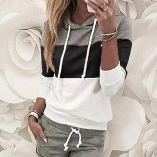 Female Fashion Tops 2021 Autumn Winter New Trendy Womens Warm Color Block Stitching Long-sleeved Casual All-match Hoodies