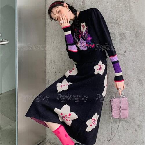 Autumn Womens Knitting Skirts Sets Retro Girl Cherry Blossom Pattern Petal Collar Puff Sleeve Sweater+ Elastic Waist Skirt 2PCS
