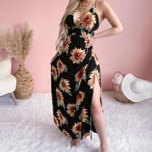 Bohemian Women Dress Deep V Neck Large Slit Hem Sunflower Print Backless Maxi Sling Dress Summer Sexy Ladies Party Dress Vestido