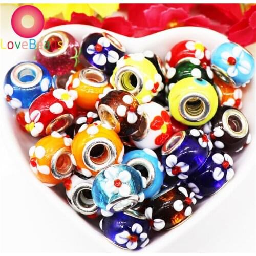 10Pcs New 3D Lily Flower Lampwork Glass Large Hole European Beads Fit Pandora Bracelet Chain Spacer Beads Women DIY Jewelry Gift