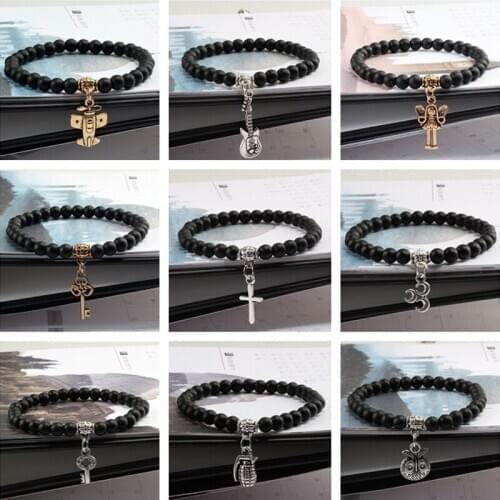 9 Styles Pendant Alloy Cross Natural Stone Matte Black Beaded Bracelet Women Men Elastic Bracelets Bangles Prayer Yoga Jewelry