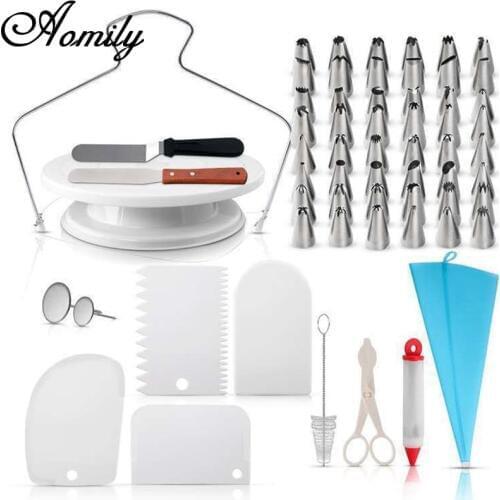 Aomily 73pcs/Set Cake Nozzle Turntable 48 Styles Nozzles TPU Pastry Bag Pen Cake Spatula Dessert Maker Cream Fondant Baking Tool