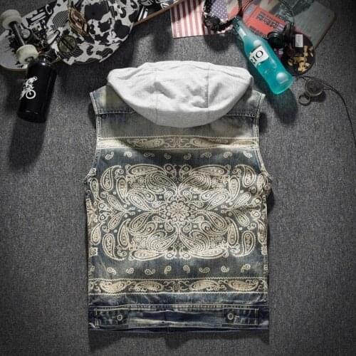 Spring Autumn Mens Hat Detachable Denim Waistcoats Fashion Vintage Printed Single Breasted Slim Plus Size Male Sleeveless Vests