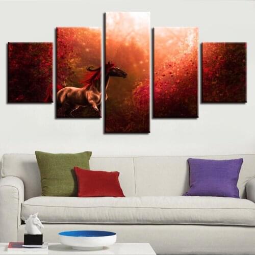 HD Prints 5 Pieces Pictures Red Forest Fine Horse Canvas Painting Modular Abstract Poster Home Decor Living Room Wall Art Framed
