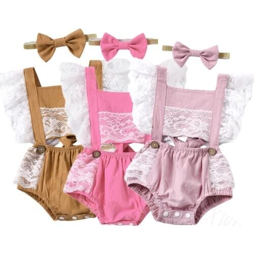 Summer Baby Girl Rompers Newborn Baby Clothes Toddler Flare Sleeve Solid Lace Design Romper Jumpsuit With Headband One-Pieces