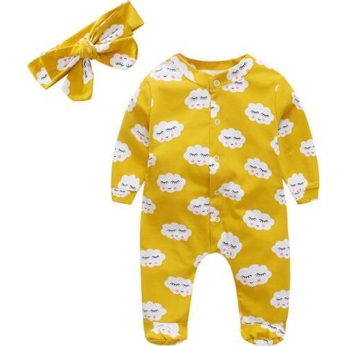 2pcs Infant Jumpsuits Toddler Baby Girl Clothes Cloud White Long Sleeve Romper Overalls + Headband Newborn Baby Clothes Cotton
