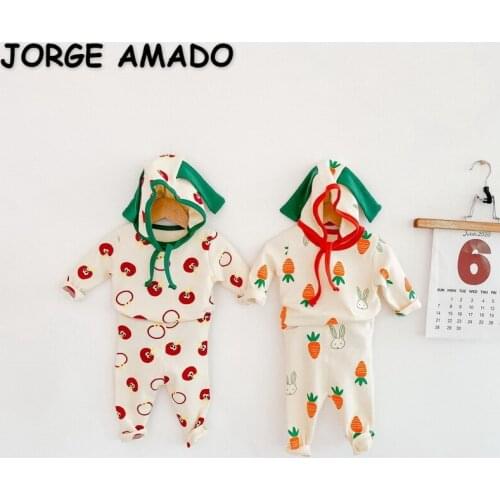 2021 New Spring Baby Girls 3-pcs Sets Cartoon Radish Rabbit Tomato Bodysuit + Pants + Cap Cute Style Newborn Clothes E6039