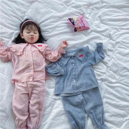 Cherry Baby Boys Girls Sets Spring Autumn Lattice Undershirts Sleepwear Robe Pajama Kids Toddler Outwear Childrens Clothing