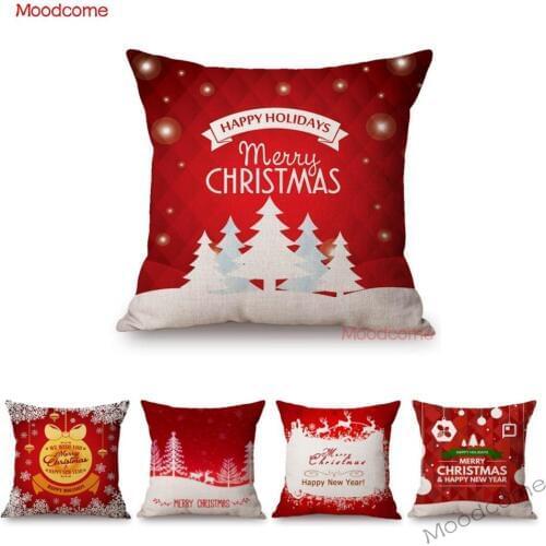 Red Joyful Cheerful Christmas New Year Home Decorative Sofa Throw Pillow Case Xmas Tree Deer Snowflake Greetings Cushion Cover