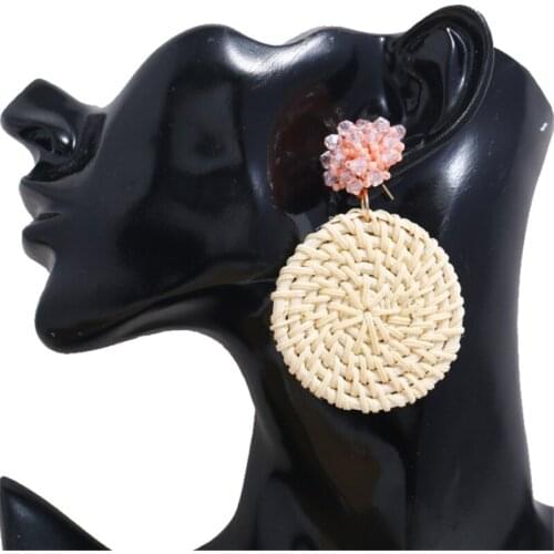 20Pair/lot Fashion Handmade Straw Woven Wooden Vine Rattan Earrings For Women Boho Resin Circle Crystal Earring Gift