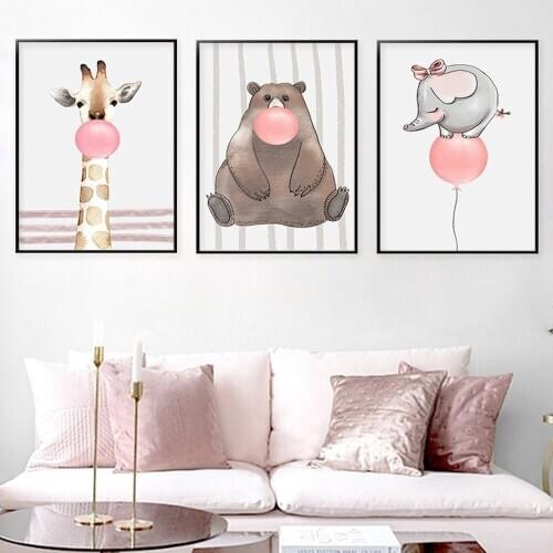 Cartoon Animal Pink Balloon Canvas Painting Cute Giraffe Elephant Poster Simple Home Decor Living Room Wall Art Pictures Murals