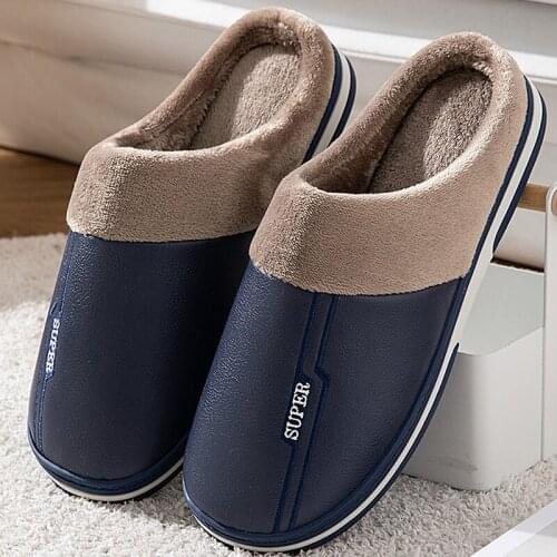 Men slippers Home Winter Indoor Warm Shoes Thick Bottom Plush Waterproof Leather House slippers man Cotton shoes 2021 New
